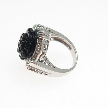 925 Sterling Silver Real Black Onyx & C Z Carved Flower Ring Size 5.25