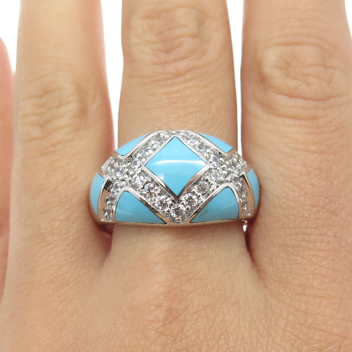 925 Sterling Silver Real Turquoise & Round-Cut C Z "X" Dome Ring Size 11