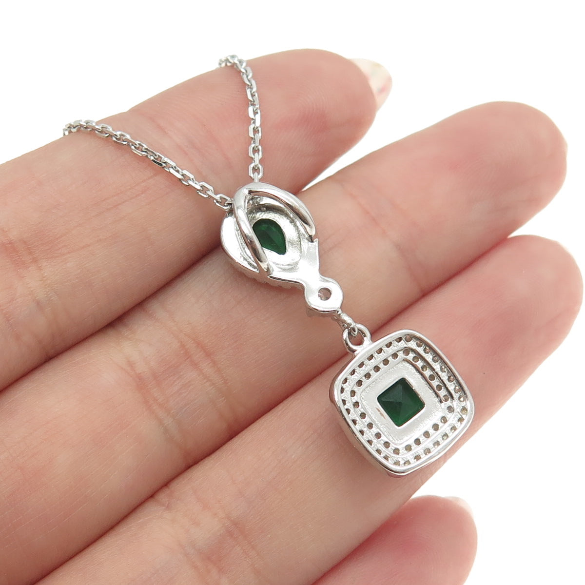 925 Sterling Silver Multi-Cut Green & White C Z Cable Chain Necklace 16"