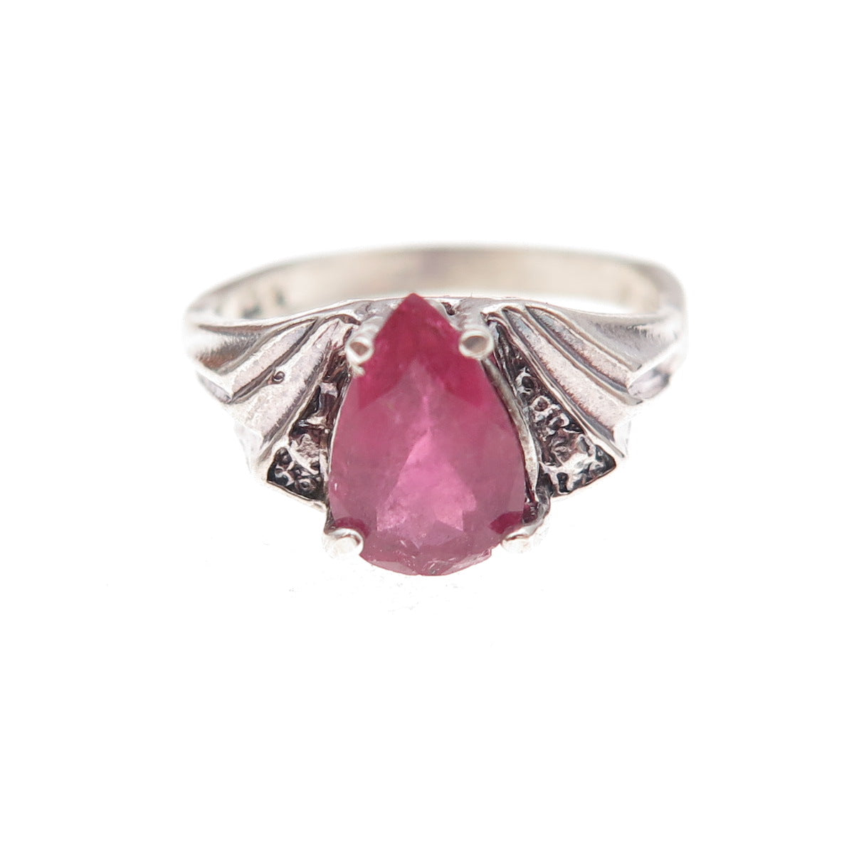 925 Sterling Silver Vintage Real Pink Tourmaline Teardrop Oxidized Ring Size 4.5