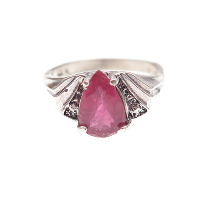 925 Sterling Silver Vintage Real Pink Tourmaline Teardrop Oxidized Ring Size 4.5