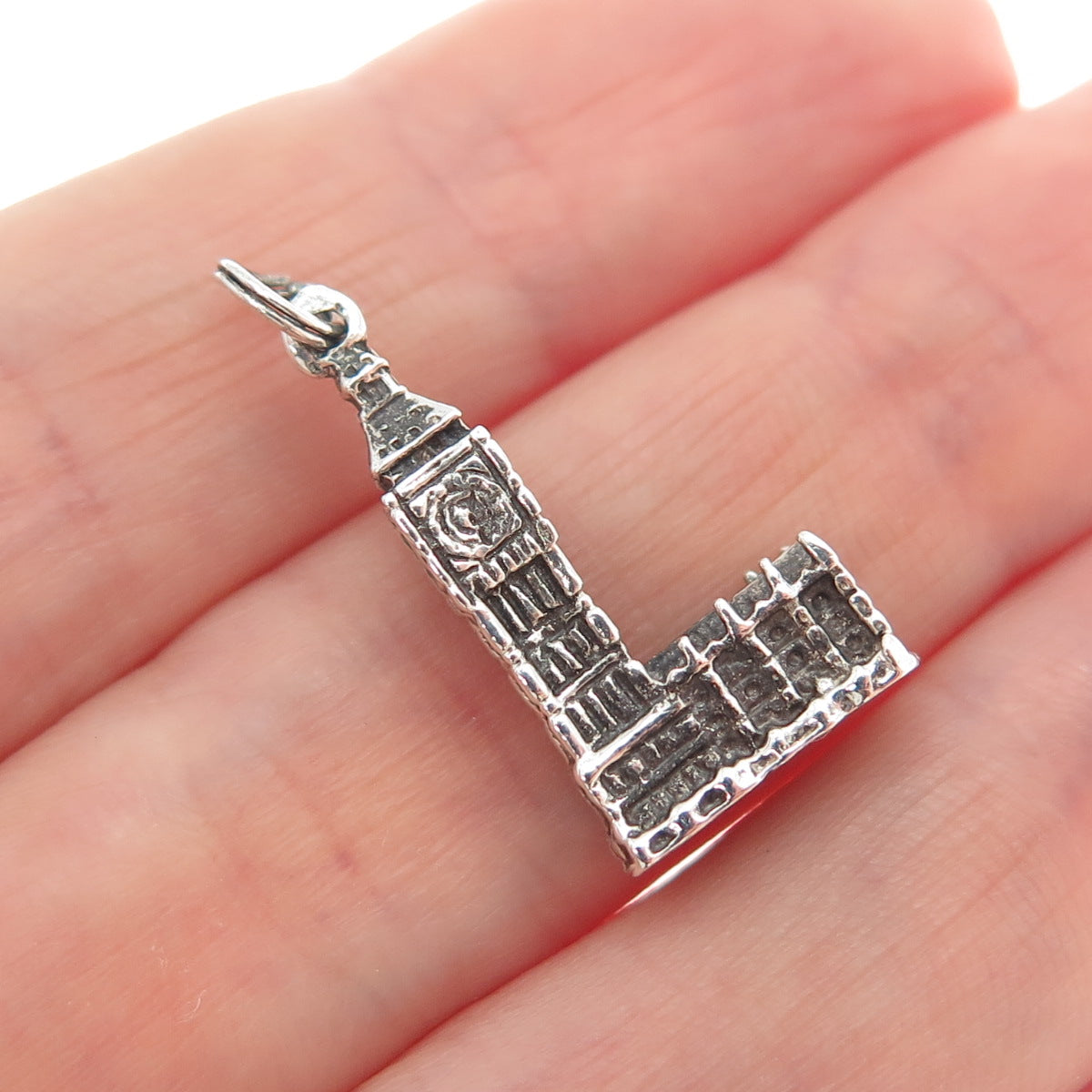 925 Sterling Silver Vintage Big Ben Oxidized Minimalist 3D Charm Pendant