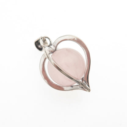 925 Sterling Silver Vintage Real Rose Quartz Heart Cage Charm Pendant