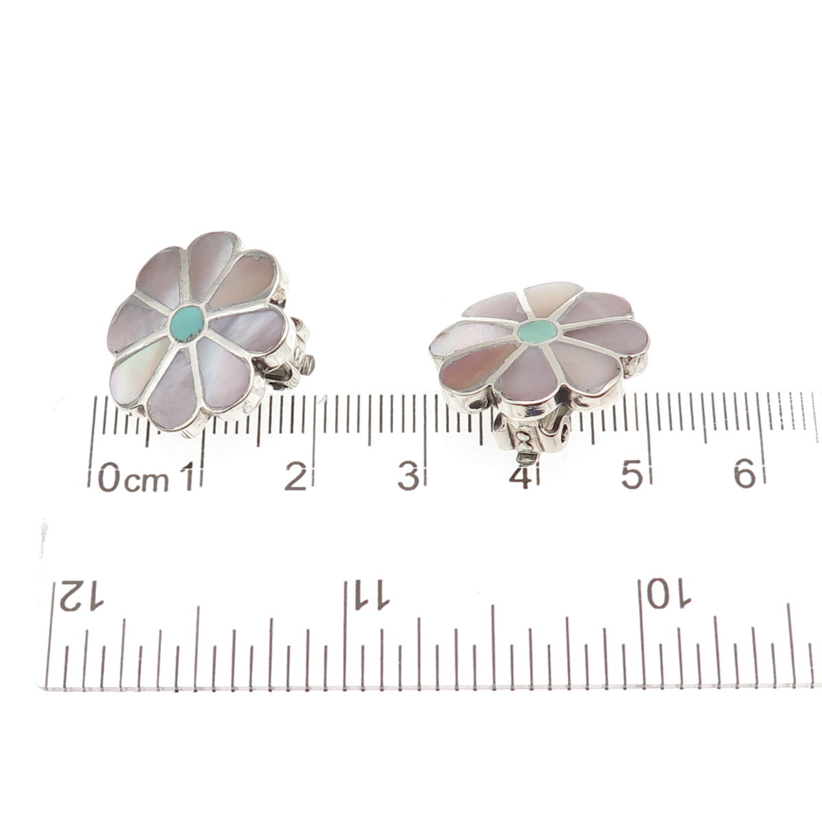 Old Pawn Sterling Silver Vintage MOP & Turquoise Floral Tribal Clip On Earrings
