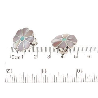 Old Pawn Sterling Silver Vintage MOP & Turquoise Floral Tribal Clip On Earrings