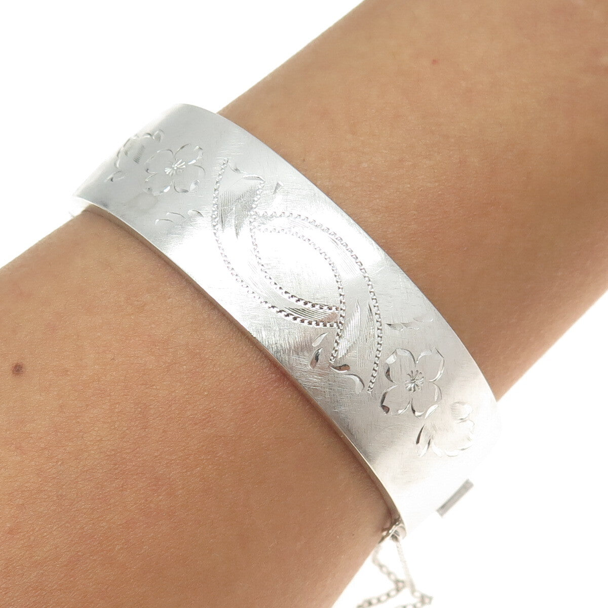 CT NS ATTCH 925 Sterling Silver Antique Art Deco Engraved Bangle Bracelet 7.5"