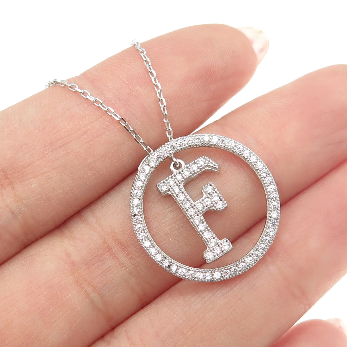 925 Sterling Silver Round-Cut C Z Letter "F" Initial Cable Chain Necklace 16-18"