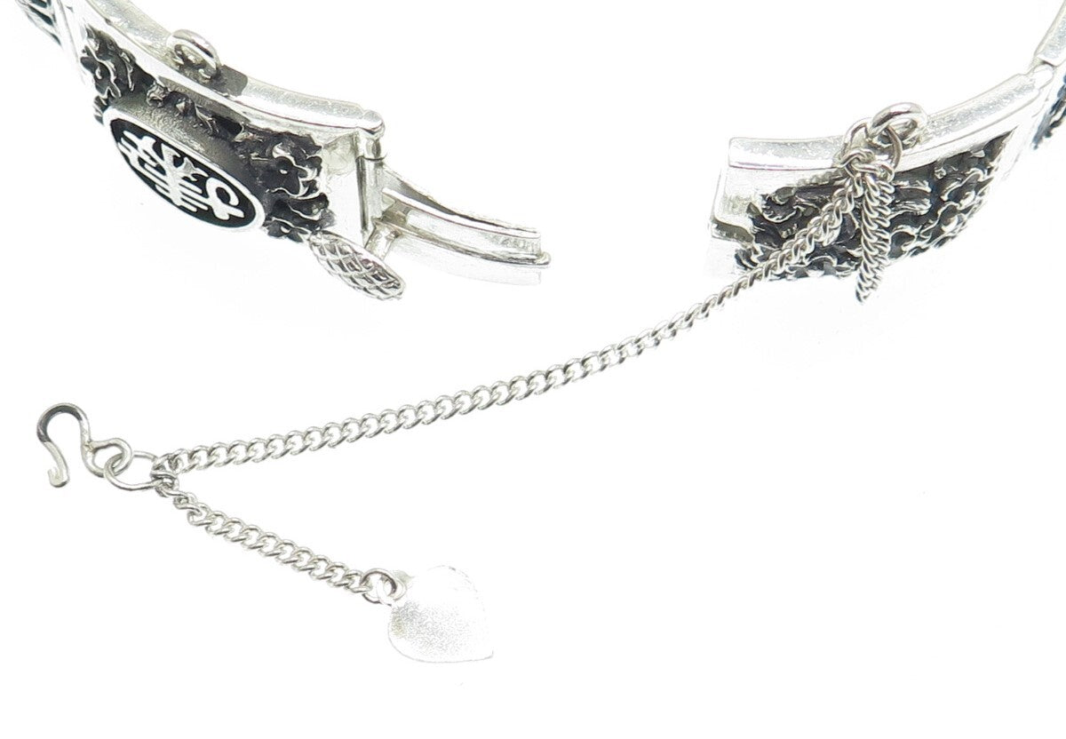 925 Sterling Silver Antique Chinese Character Lotus Oxidized Panel Bracelet 7"