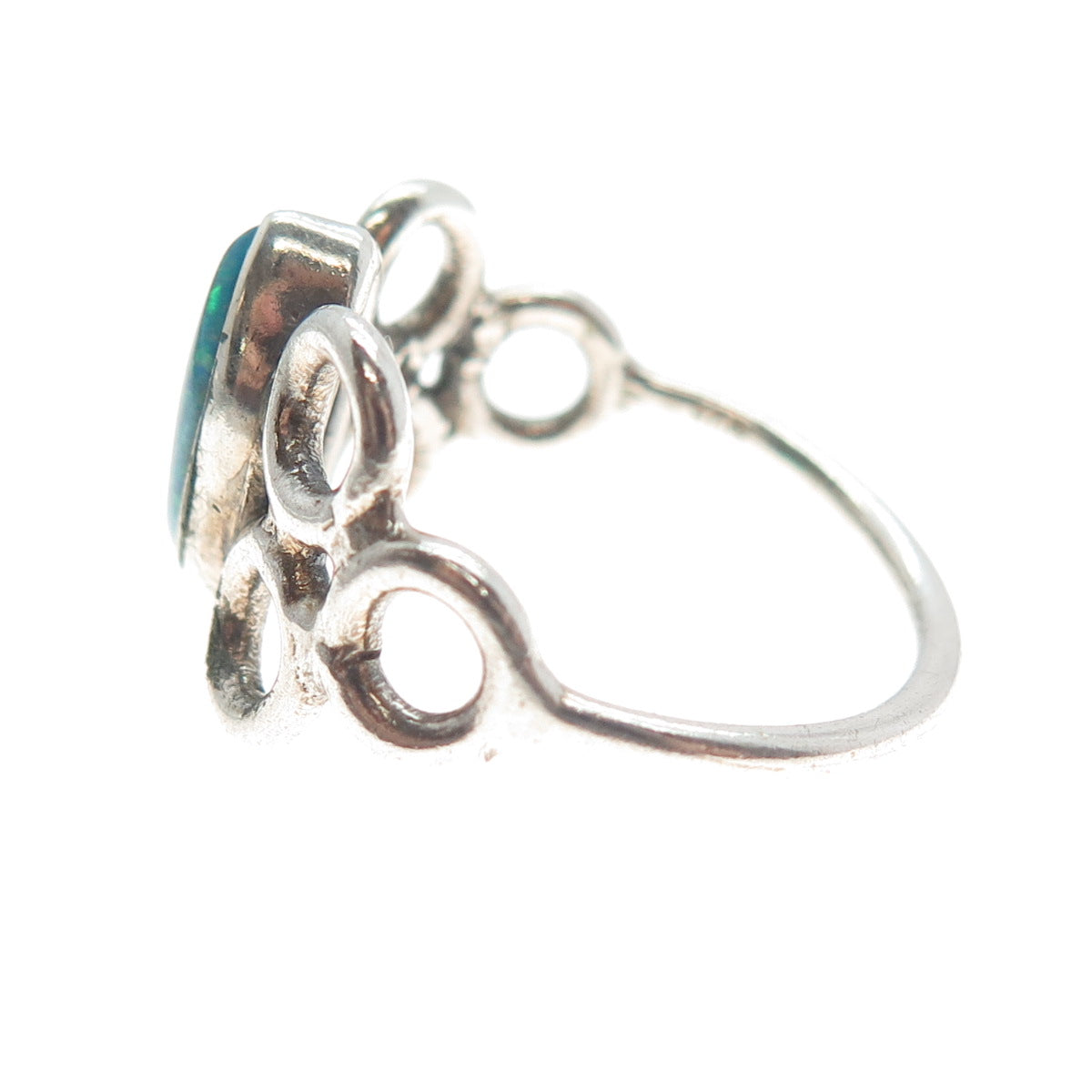 925 Sterling Silver Vintage Marquise-Cut Blue Opal Gemstone Circles Ring Size 8