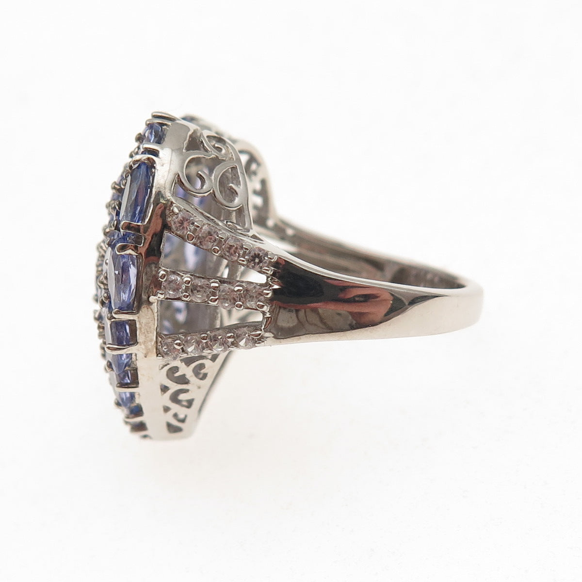 D'Joy 925 Sterling Silver Real Tanzanite & White Topaz Heart Cluster Ring Size 8