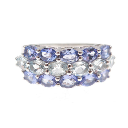 925 Sterling Silver Real Oval-Cut Tanzanite & Aquamarine Cluster Ring Size 8