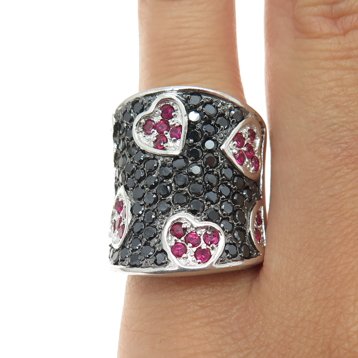 925 Sterling Silver Real Pink Sapphire & Black Spinel Heart Ring Size 5.75