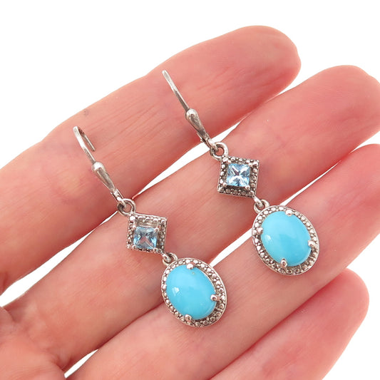 Chuck Clemency 925 Sterling Silver Real Turquoise & Blue Topaz Dangle Earrings