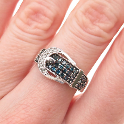 925 Sterling Silver Real Blue & White Diamond Belt Buckle Ring Size 6.25