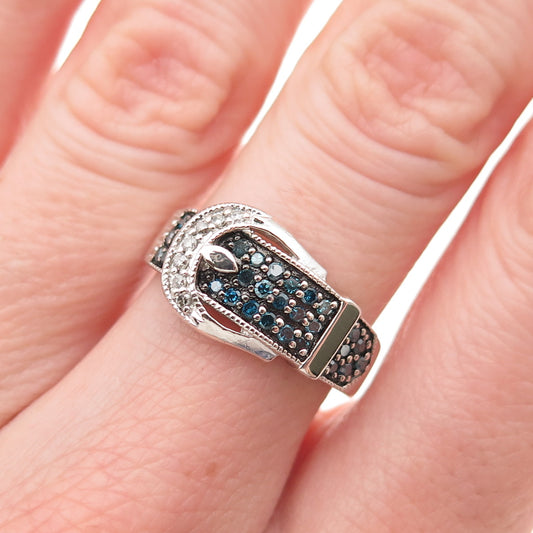 925 Sterling Silver Real Blue & White Diamond Belt Buckle Ring Size 6.25