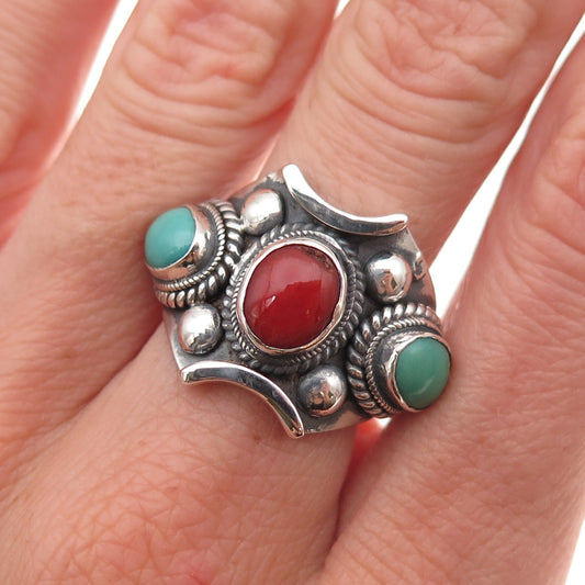 925 Sterling Silver Vintage Mexico Real Turquoise & Coral Oxidized Ring Size 8