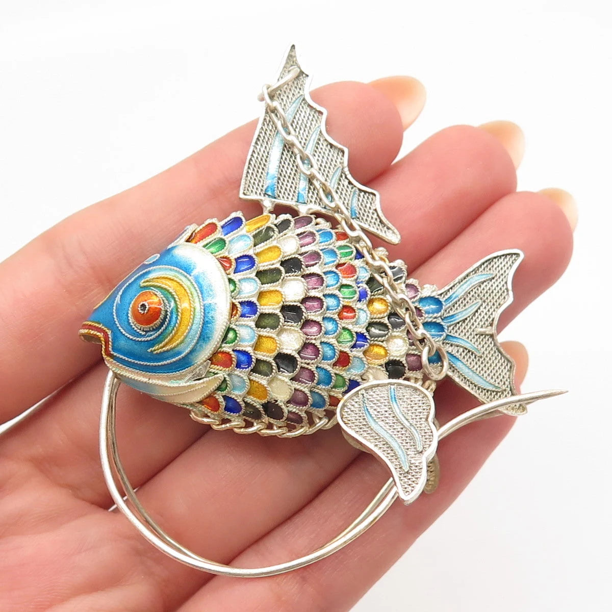 925 Sterling Silver Enamel Antique Articulated Chinese Koi Fish Fob / Pendant