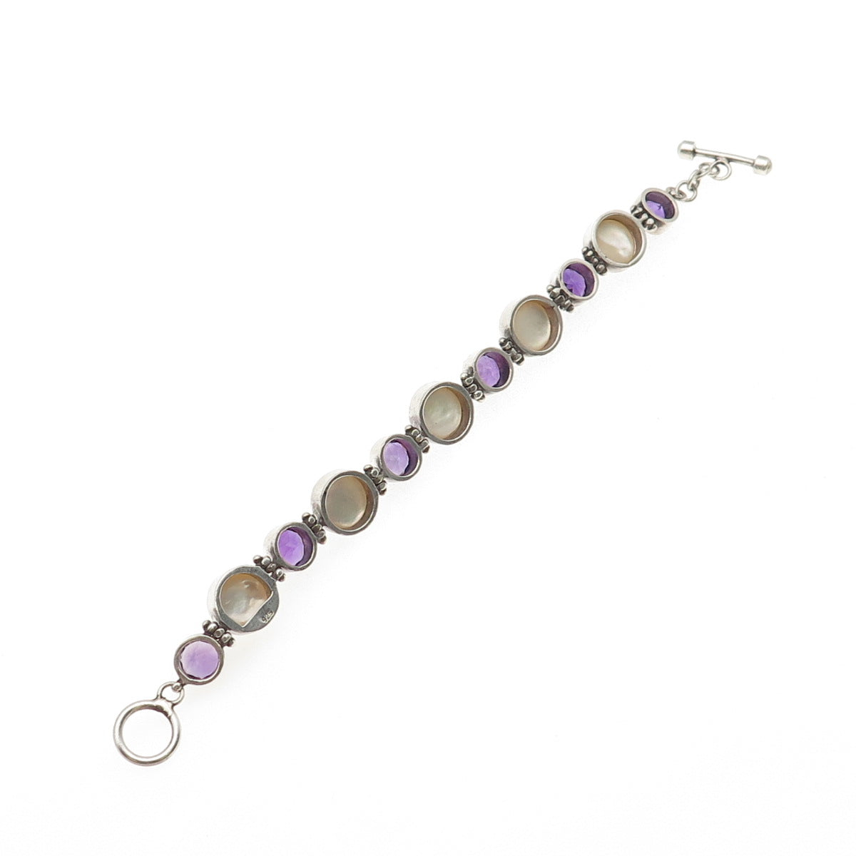 925 Sterling Silver Vintage Real Pearl & Amethyst Modernist Bracelet 7"