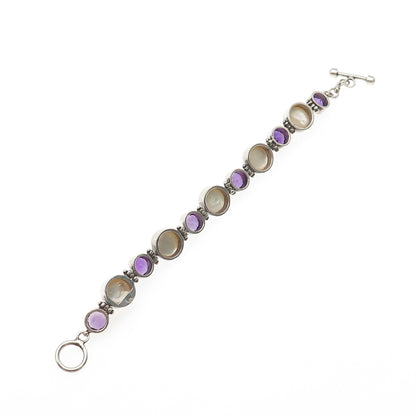925 Sterling Silver Vintage Real Pearl & Amethyst Modernist Bracelet 7"