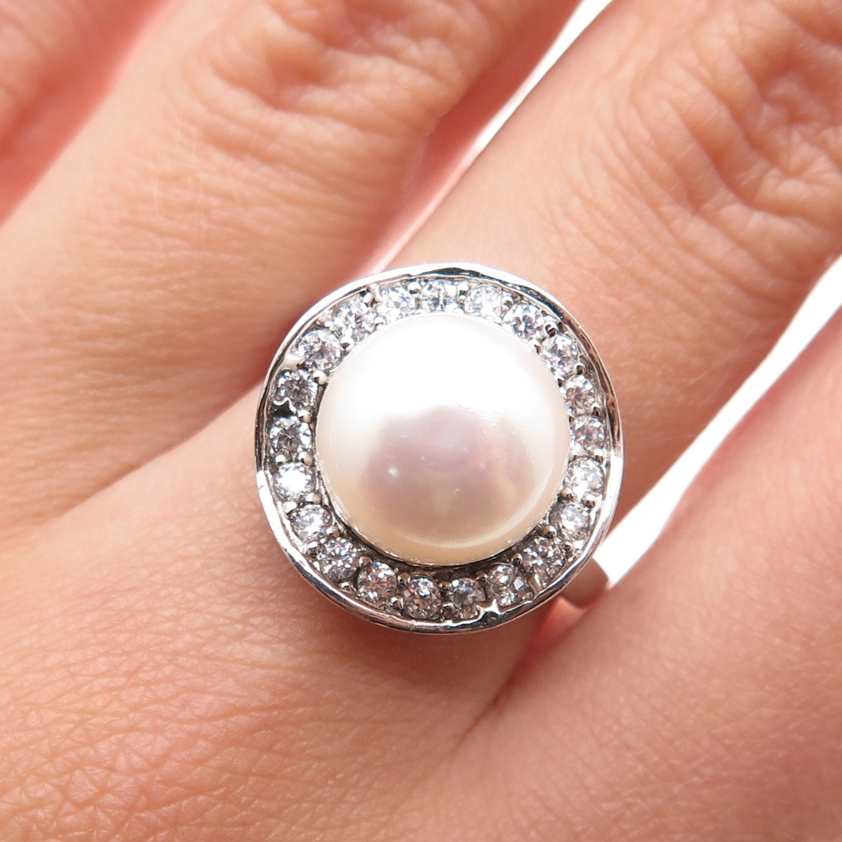 925 Sterling Silver Real Pearl & Round-Cut C Z Modernist Ring Size 7.25