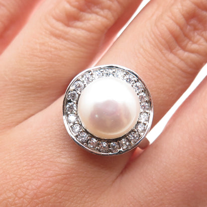 925 Sterling Silver Real Pearl & Round-Cut C Z Modernist Ring Size 7.25