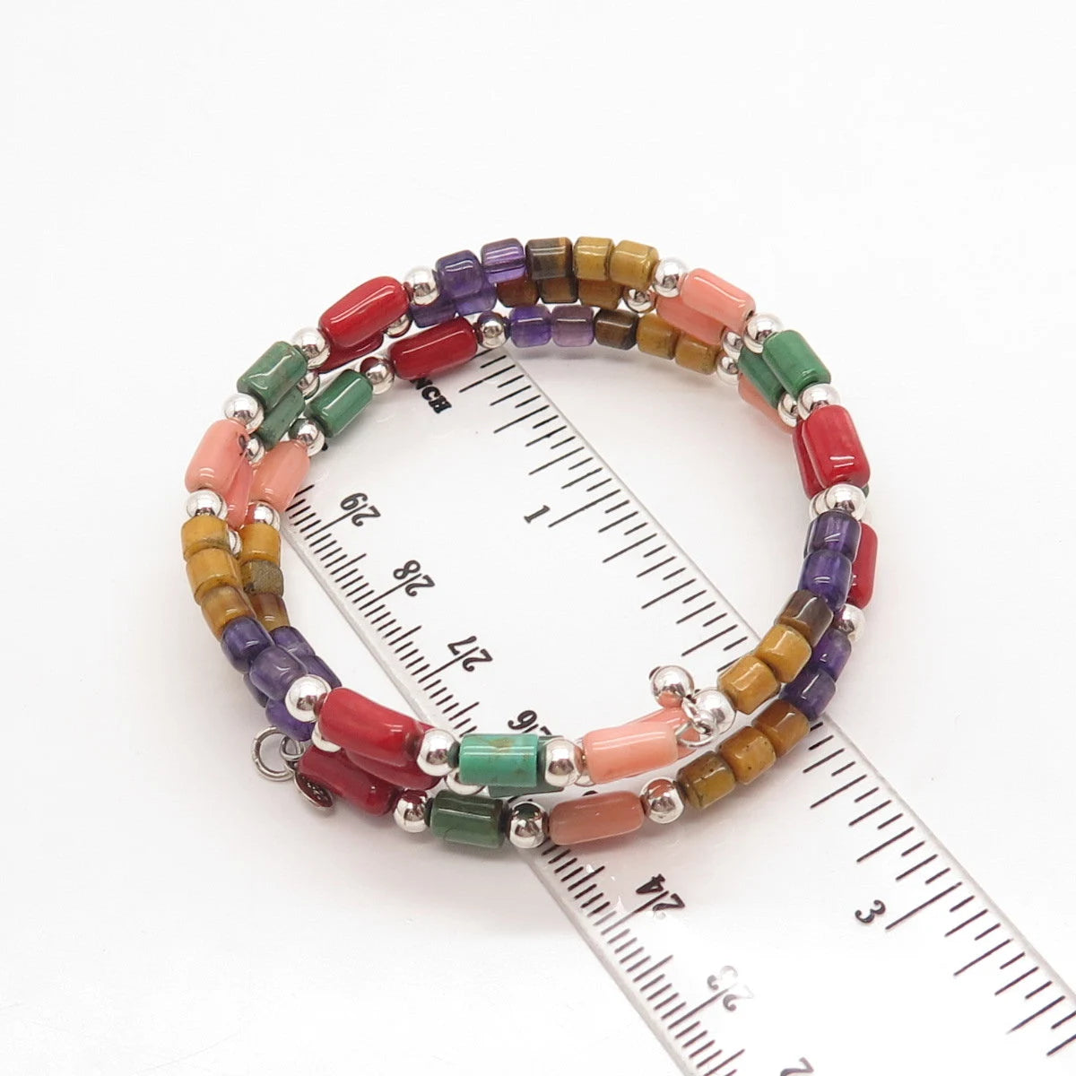 925 Sterling Silver Vintage Shube Multi-Gem Adjustable Bead Link Bracelet 7"