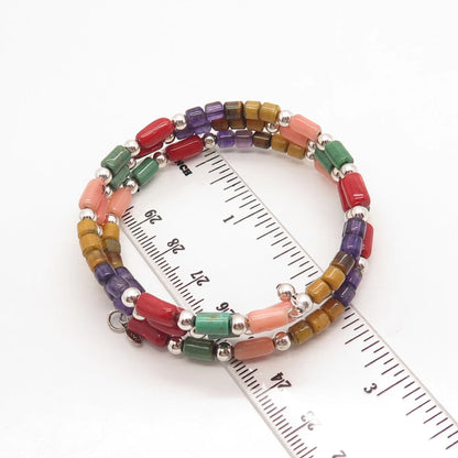 925 Sterling Silver Vintage Shube Multi-Gem Adjustable Bead Link Bracelet 7"