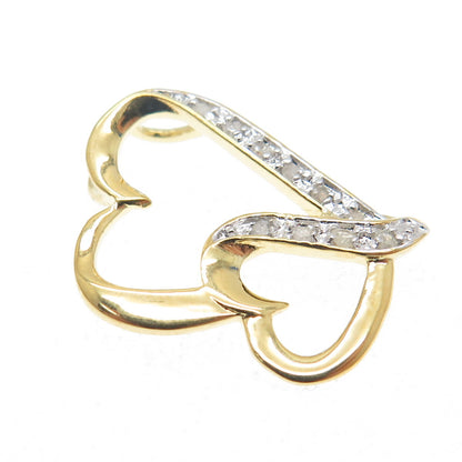 925 Sterling Silver Gold Plated Real Round-Cut Diamond Two Hearts Mini Pendant