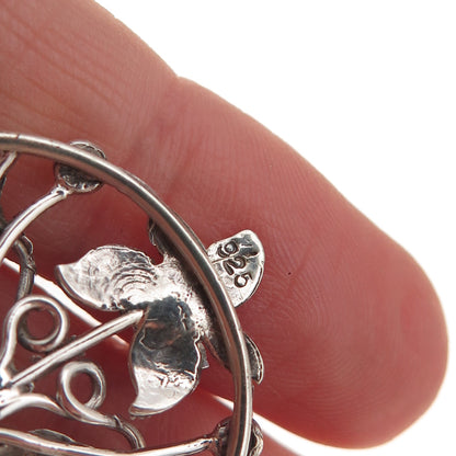925 Sterling Silver Vintage Real Blue Topaz Floral Oxidized Charm Pendant