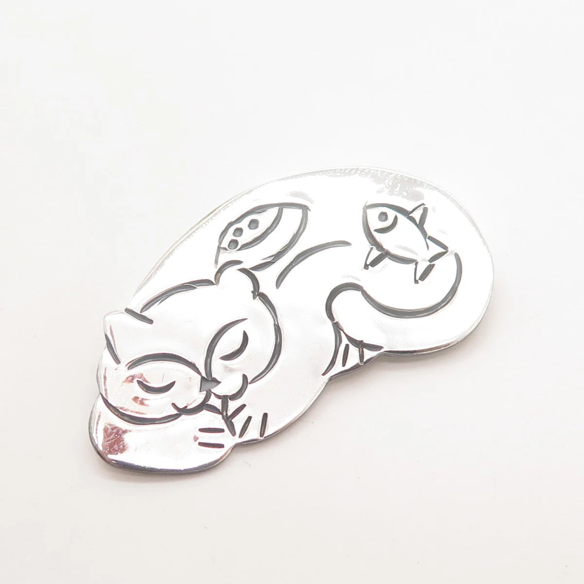 925 Sterling Silver Vintage Mexico Cat Pin Brooch / Pendant