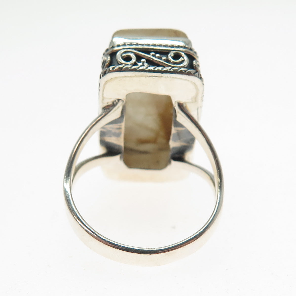 925 Sterling Silver Vintage Real Rutilated Quartz Swirl Oxidized Ring Size 8