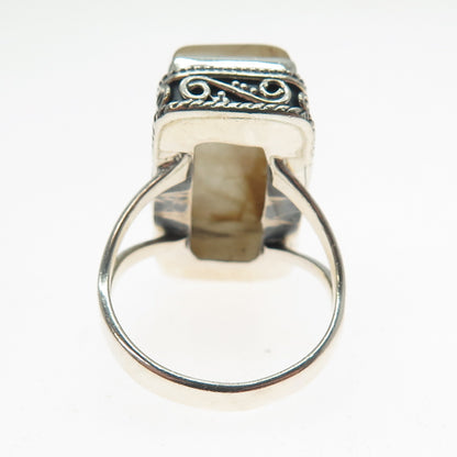 925 Sterling Silver Vintage Real Rutilated Quartz Swirl Oxidized Ring Size 8