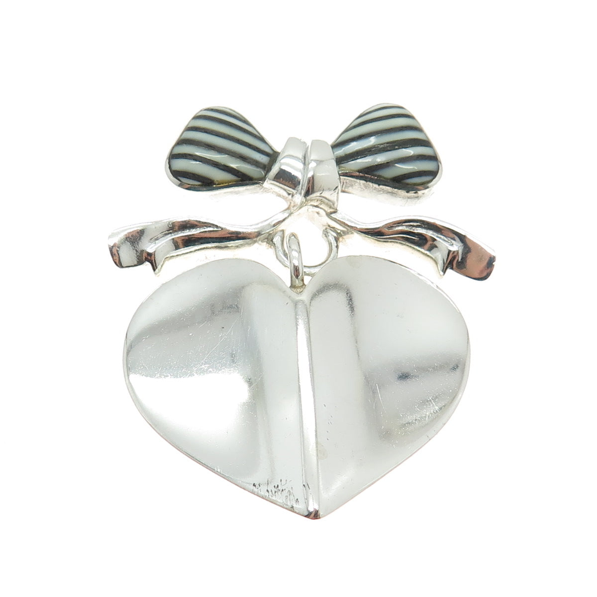 925 Sterling Silver Vintage Real White & Black Onyx Gem Bow Dangle Heart Brooch