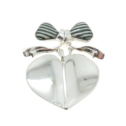 925 Sterling Silver Vintage Real White & Black Onyx Gem Bow Dangle Heart Brooch