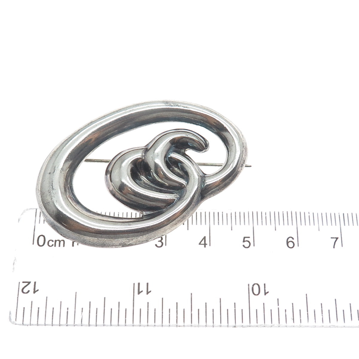 925 Sterling Silver Vintage Mexico Modernist Oval Swirl Oxidized Pin Brooch