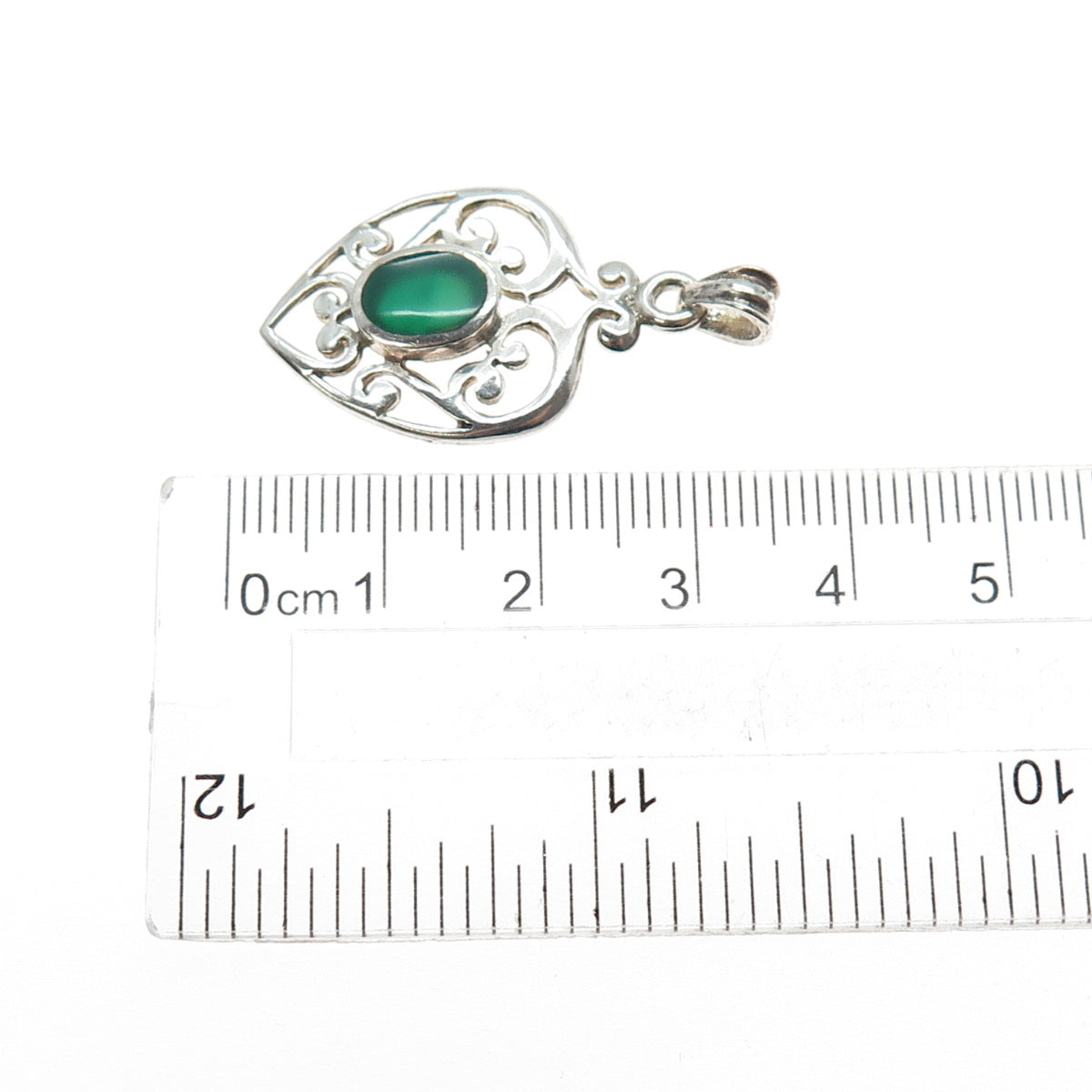 925 Sterling Silver Vintage Real Green Onyx Ornate Heart Charm Pendant