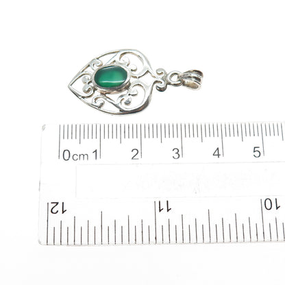 925 Sterling Silver Vintage Real Green Onyx Ornate Heart Charm Pendant