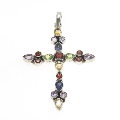 925 Sterling Silver Vintage Amethyst Garnet Citrine Peridot Iolite Cross Pendant