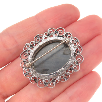 Danecraft 925 Sterling Silver Antique Art Deco Real Hematite Oxidized Pin Brooch