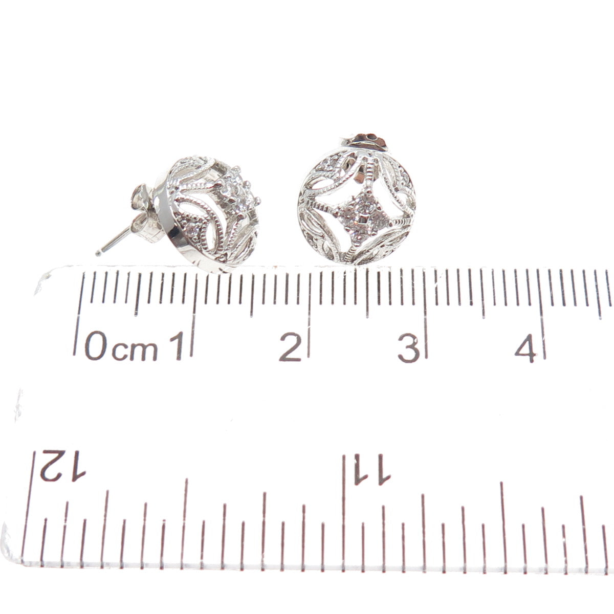 925 Sterling Silver Round-Cut C Z Ornate Stud Earrings