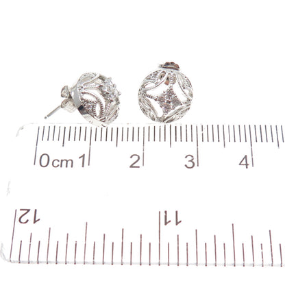 925 Sterling Silver Round-Cut C Z Ornate Stud Earrings