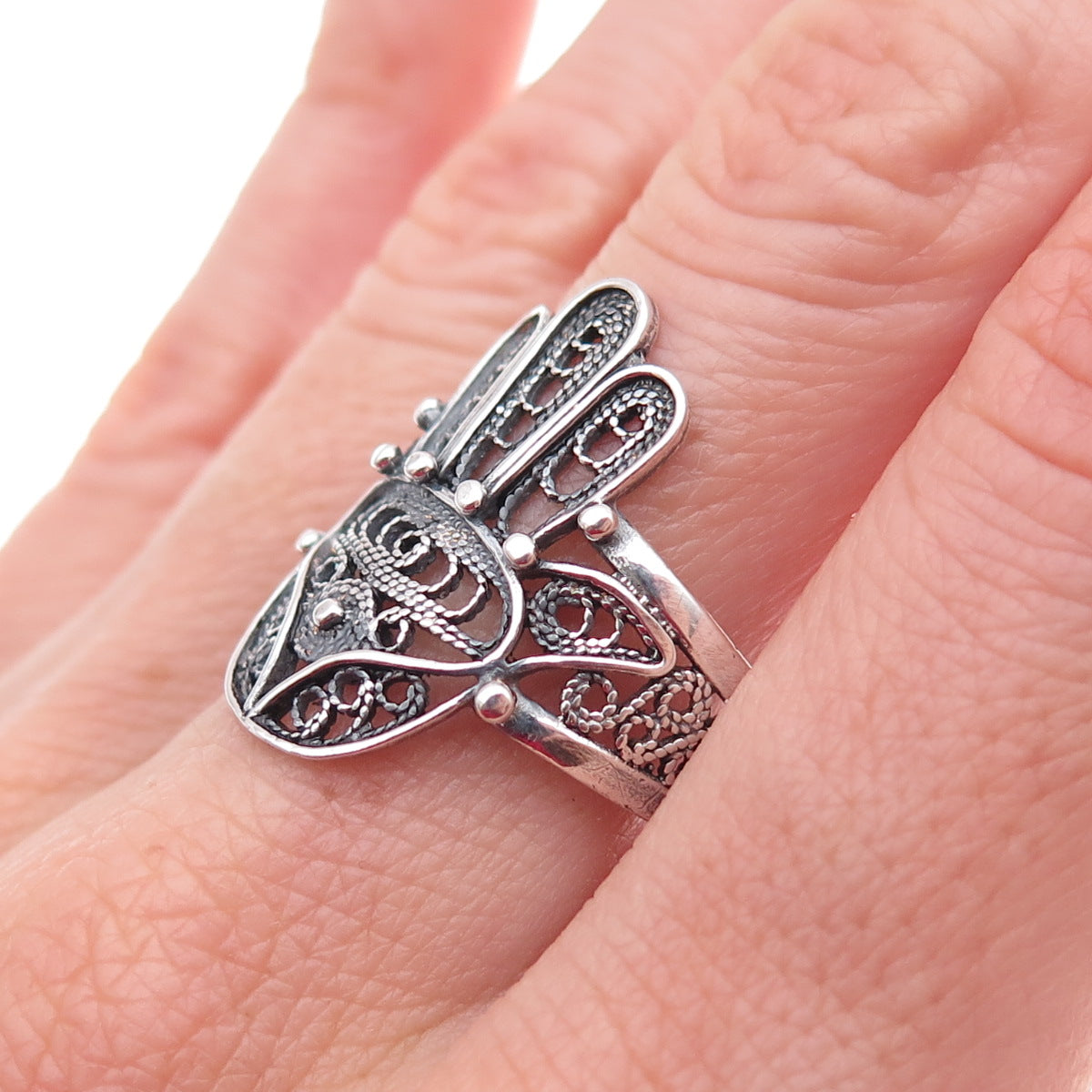 925 Sterling Silver Vintage Hamsa Amulet Filigree Oxidized Ring Size 10.25