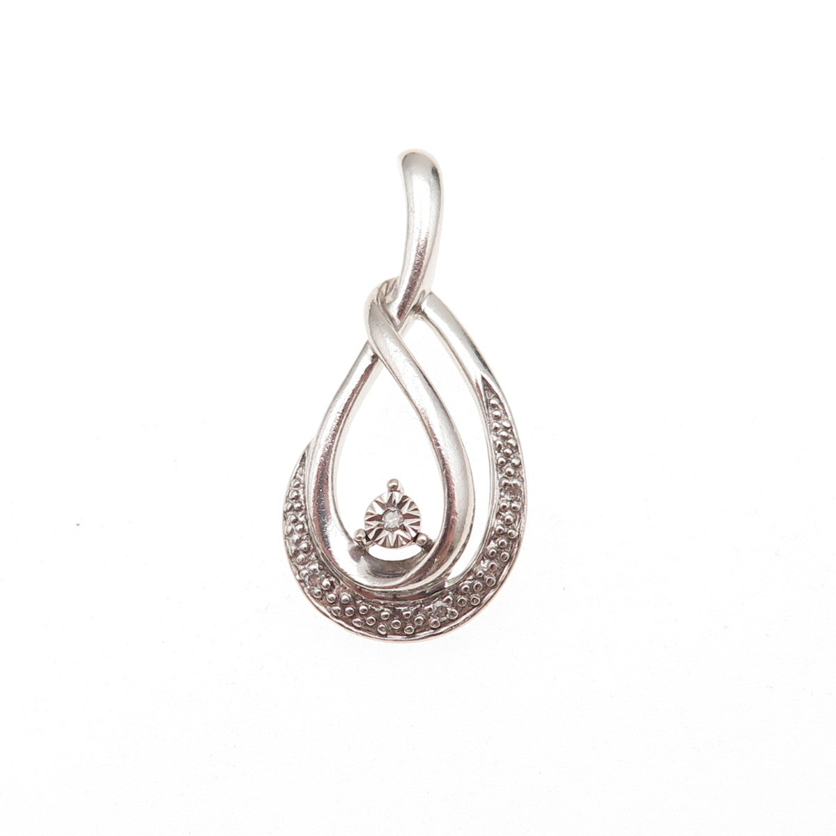 925 Sterling Silver Real Round-Cut Diamond Teardrop Charm Pendant