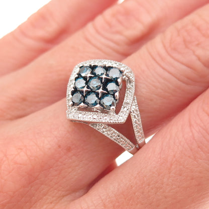 Sun 925 Sterling Silver Real Round-Cut Blue & White Diamond Ring Size 7