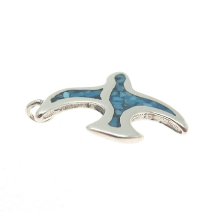 Old Pawn 925 Sterling Silver Vintage Real Turquoise Inlay Seagull Charm Pendant