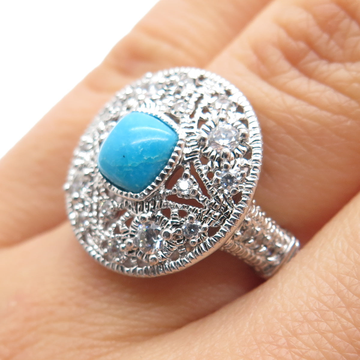 ROSS SIMONS 925 Sterling Silver Real Turquoise & Round-Cut C Z Ring Size 6.25