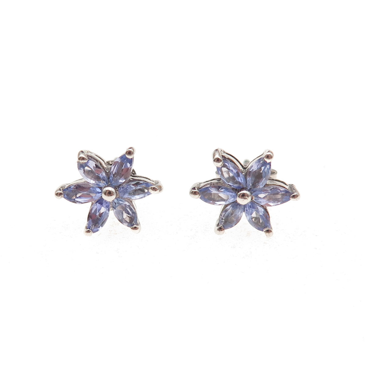 Chuck Clemency Sterling Silver Real Marquise-Cut Tanzanite Floral Stud Earrings