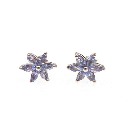 Chuck Clemency Sterling Silver Real Marquise-Cut Tanzanite Floral Stud Earrings