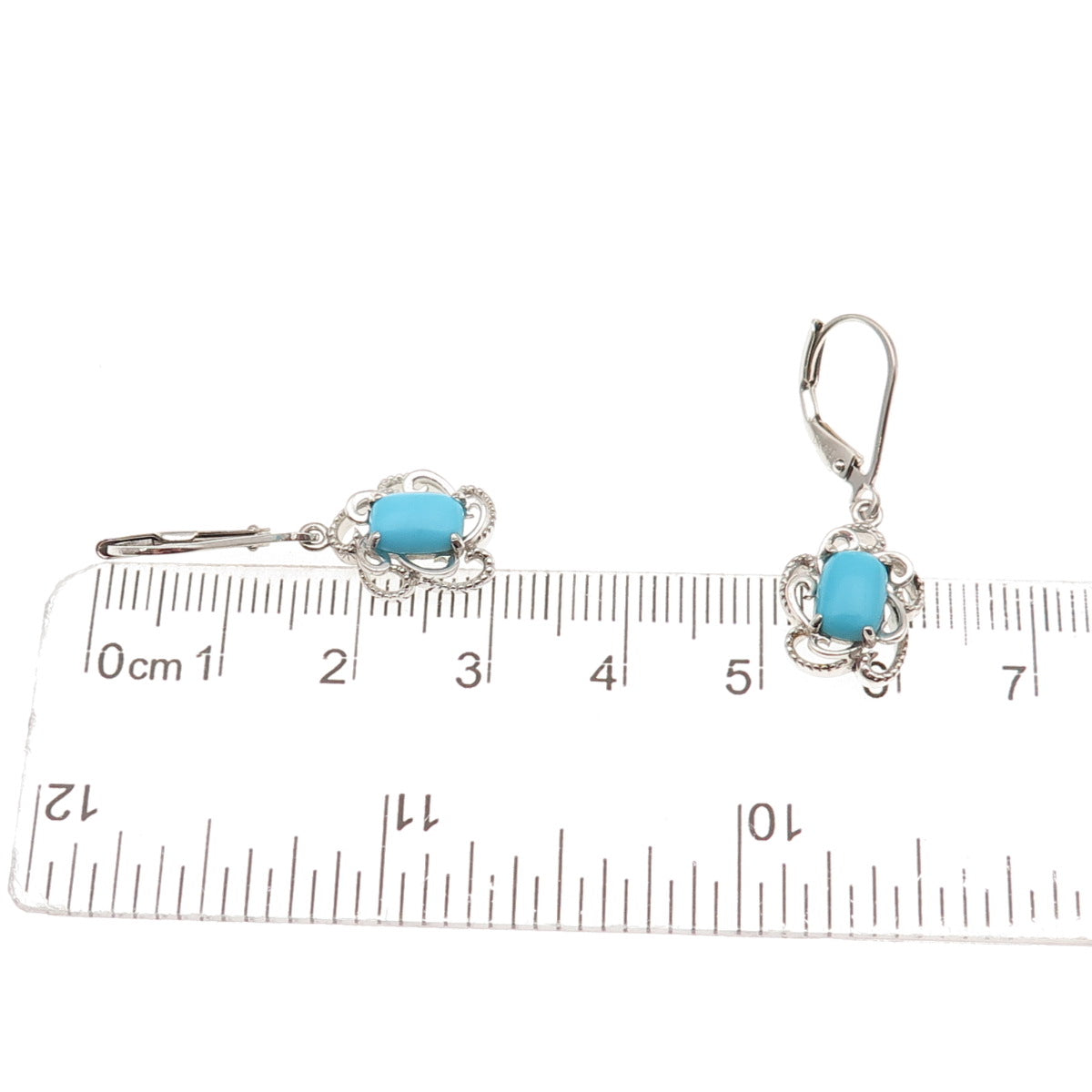 925 Sterling Silver Real Sleeping Beauty Turquoise Floral Dangle Earrings