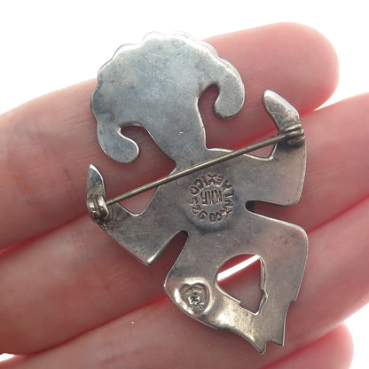 925 Sterling Silver Vintage Mexico Real Chrysocolla Inlay Aztec Warrior Brooch